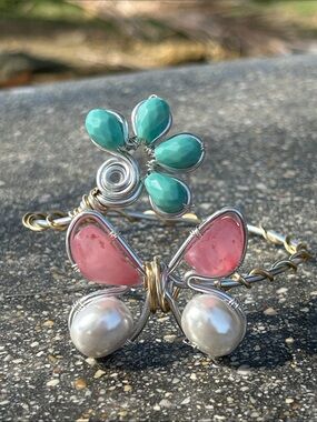 Pink & Teal Flower Wire-Wrapped Bracelet with Pearl Drops